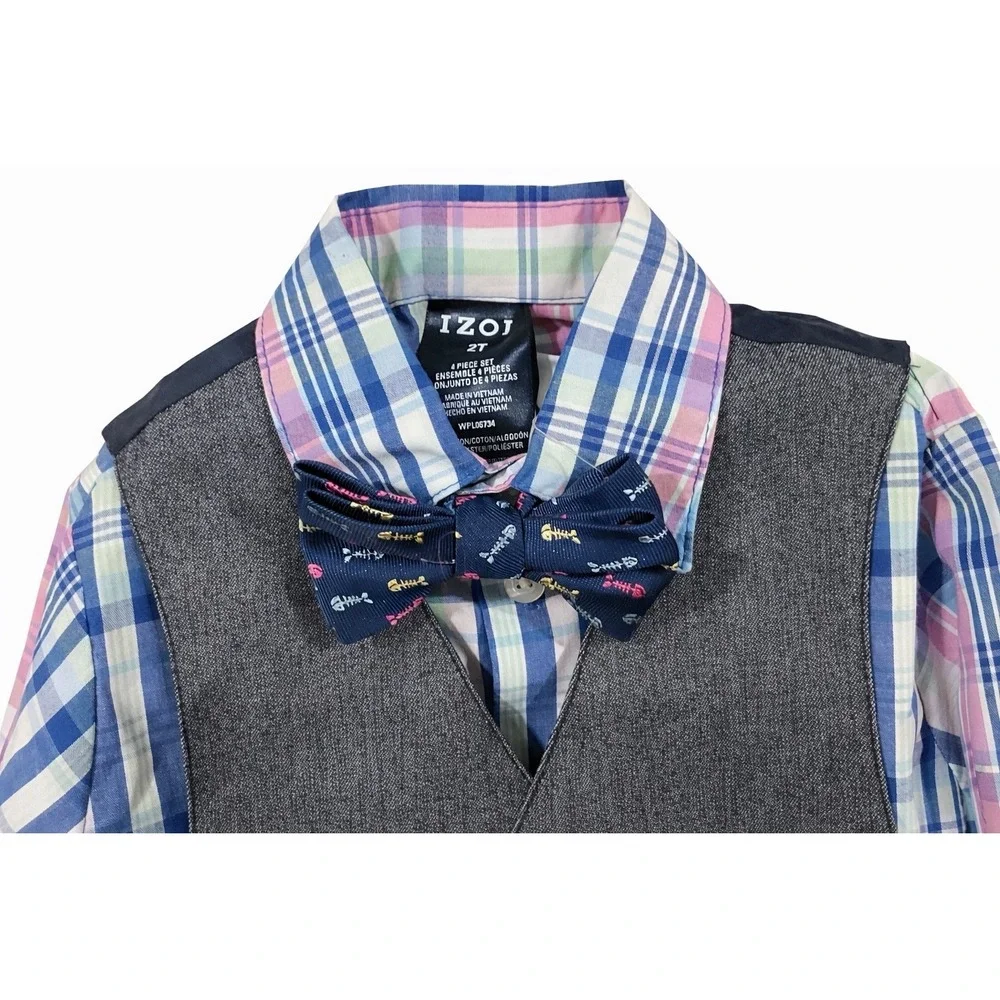 IZOD 4 Piece Suit Set Toddler Boys 2T Plaid Vest Pants Bow Tie Wedding NWT